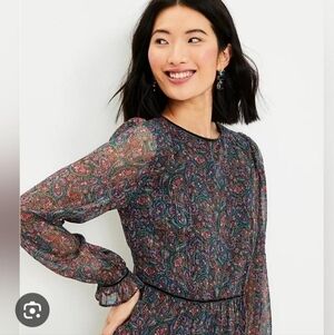 LOFT Multi Colored Paisley Long-Sleeve Shift Dress